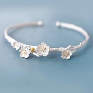 NEW 925 Sterling Silver Flower Cuff Bangle